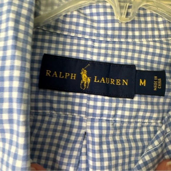 Polo Ralph Lauren Mens M Blue Gingham Check Long Sleeve Button Down Pink Logo - Picture 5 of 7
